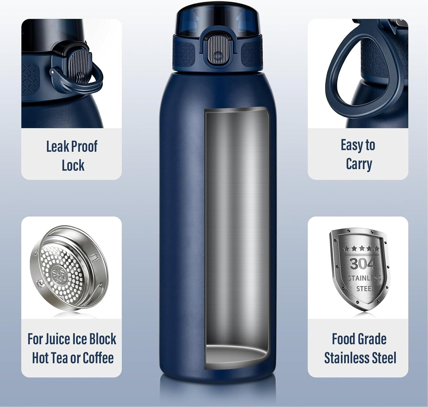 Insulated Water Bottle 24 oz with Dustproof Lid, Carry Handle & Tea Infuser, BPA-Free & Leakproof, Stainless Steel Water Bottles Ideal for Fitness, Hiking, Office & Outdoor Use (Black)