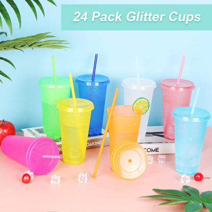 24 Pack Plastic Tumblers with Lids and Straw, Reusable Cups with Lids and Straws Colorful Cups for Cold Drink Iced Coffee, Plastic Tumbler Bulk for Party Birthday Gifts (24 oz, Stylish Colors)