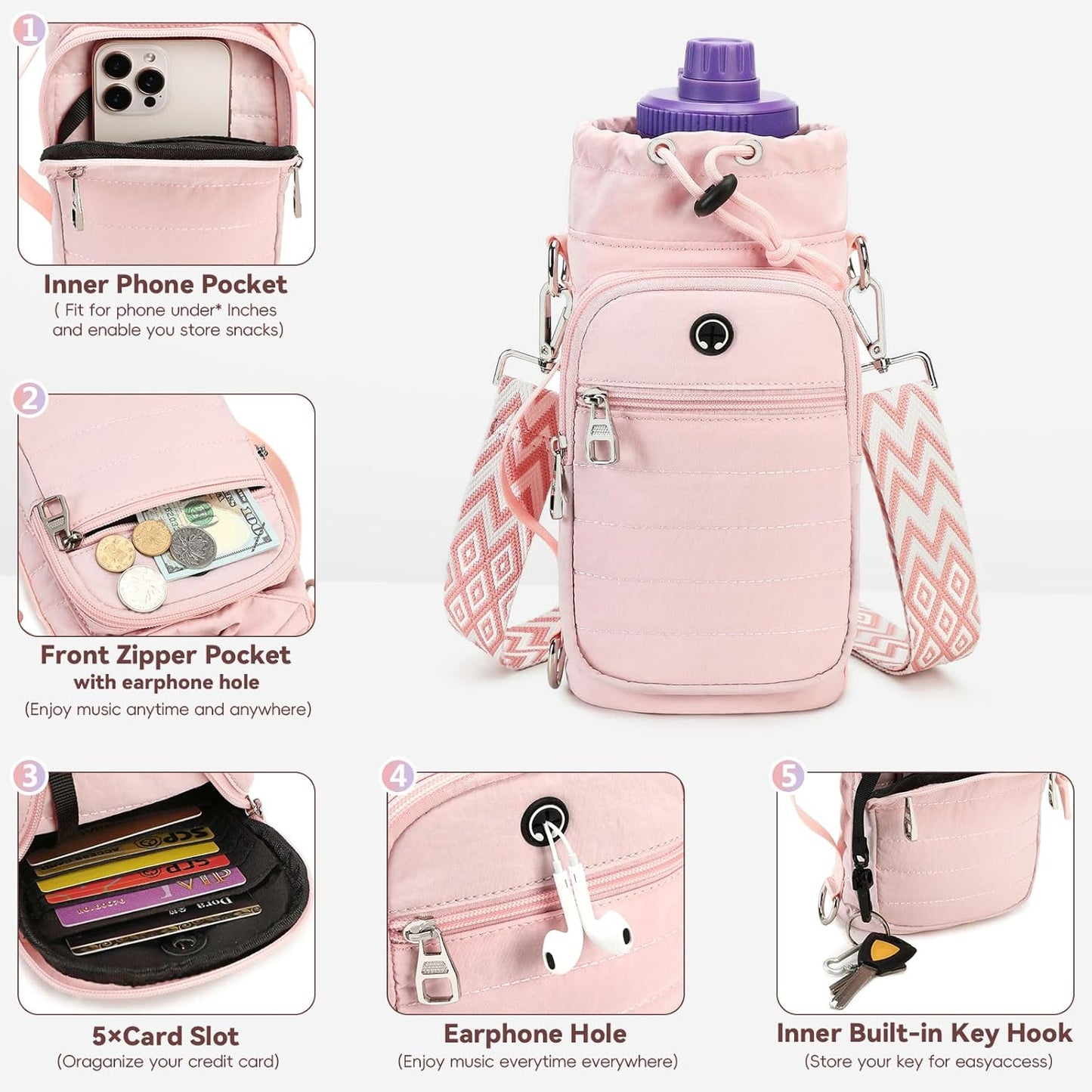 Water Bottle Carrier Bag with Strap, Sling Bag for Walking, Hiking, Cycling, Black, 40 Ounces