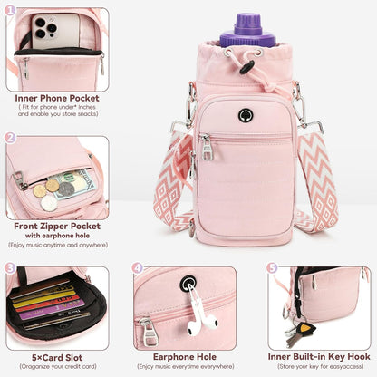 Water Bottle Carrier Bag with Strap, Sling Bag for Walking, Hiking, Cycling, Black, 40 Ounces