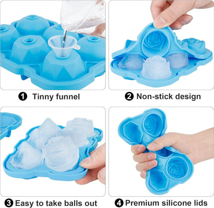 Ice Cube Tray, Mikiwon 2 inch Rose Ice Cube Trays With Covers, 3 Cavity Silicone Rose Ice Tray & 3 Diamond Ice Ball Maker, Easy Release Large Ice Cube Form for Chilled Cocktails, Whiskey Juice Black