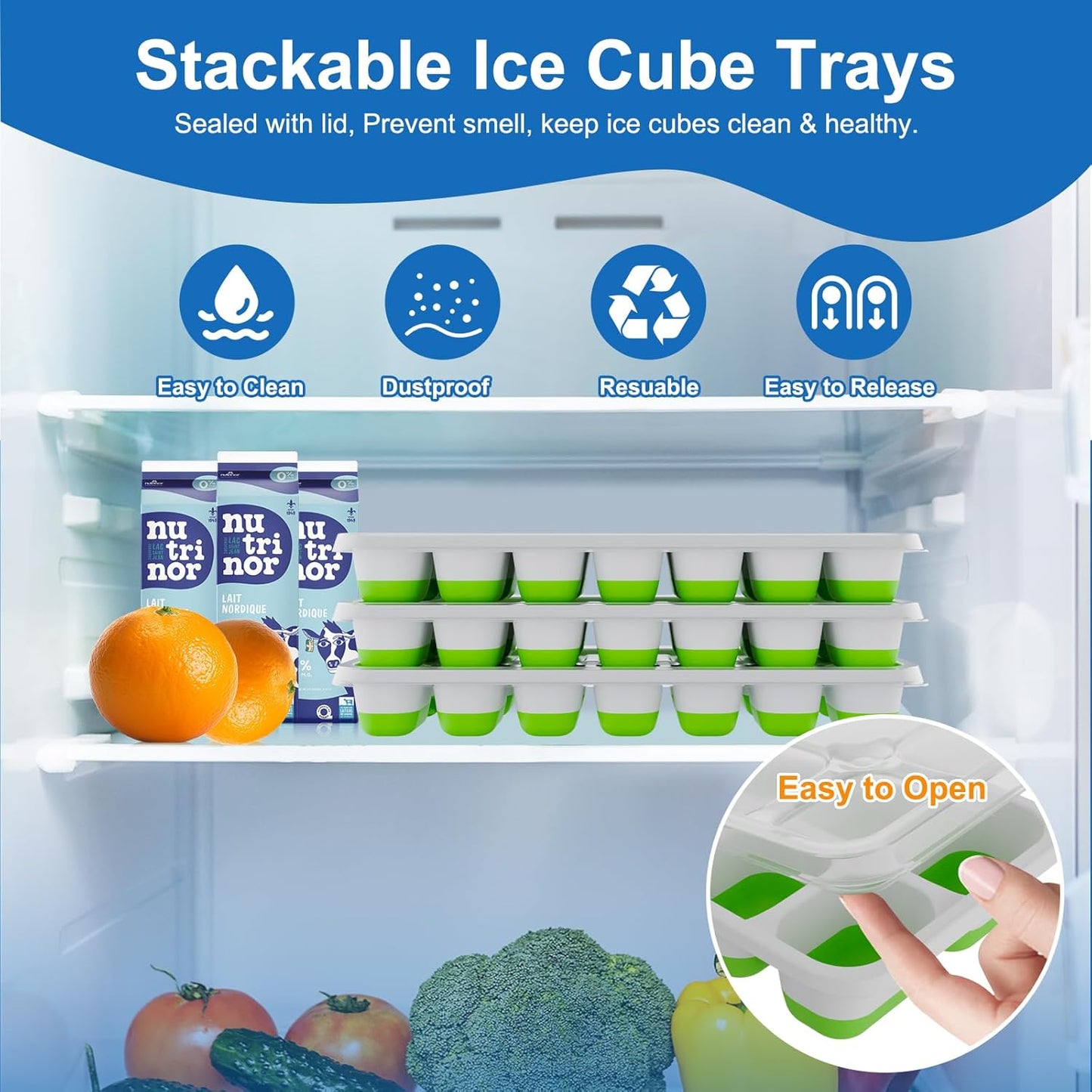 Ice Cube Tray with Lid, 3 Pack Silicone Easy-Release Ice Trays for Freezer, Stackable Ice Cube Molds for Drinks, Cocktails, Whiskey, Coffee - BPA-Free and Odor-Free,Ice Cube Trays for Freezer