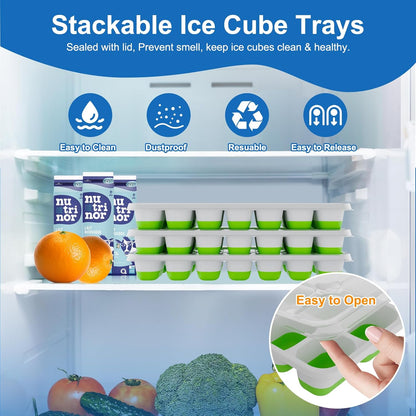 Ice Cube Tray with Lid, 3 Pack Silicone Easy-Release Ice Trays for Freezer, Stackable Ice Cube Molds for Drinks, Cocktails, Whiskey, Coffee - BPA-Free and Odor-Free,Ice Cube Trays for Freezer