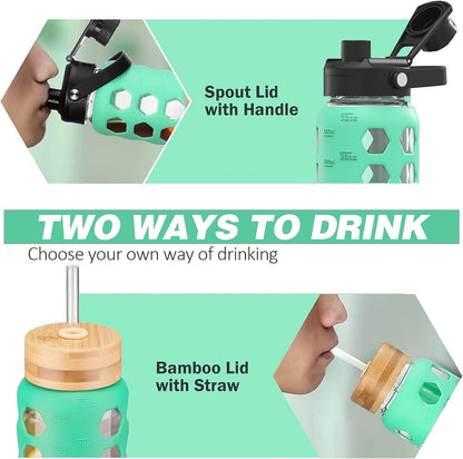 MUKOKO Glass Water Bottles, 32oz Glass Tumbler with Straw, Drinking Bottles with 2 Lids-Handle Spout Lid&Bamboo Straw Lid, Motivational Water Bottle with Time Marker and Silicone Sleeve, 1 Pack-Olive