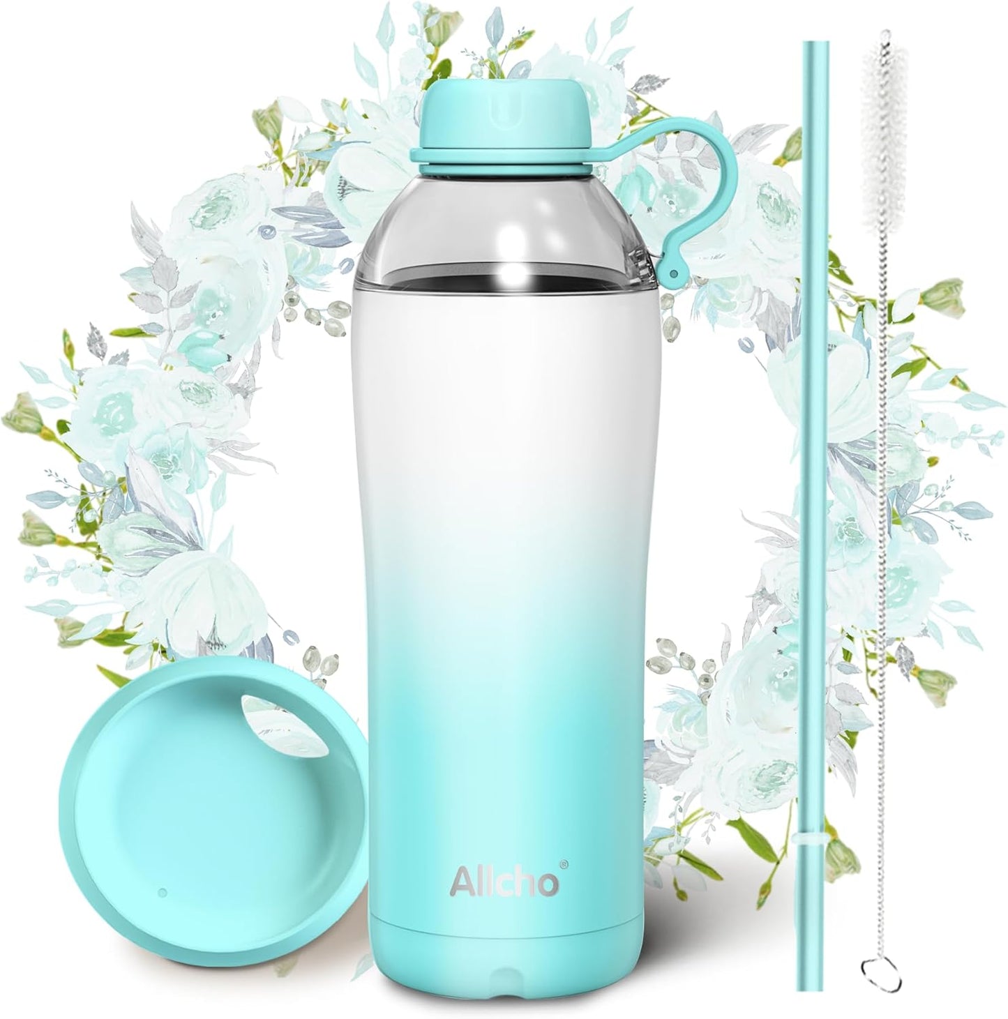 Allcho Insulated Water Bottle for Women, 18oz Stainless Steel Leak Proof Tumbler with 2 Lids, BPA-Free Tritan Chug & Straw Lid, Double Wall Vacuum Flask