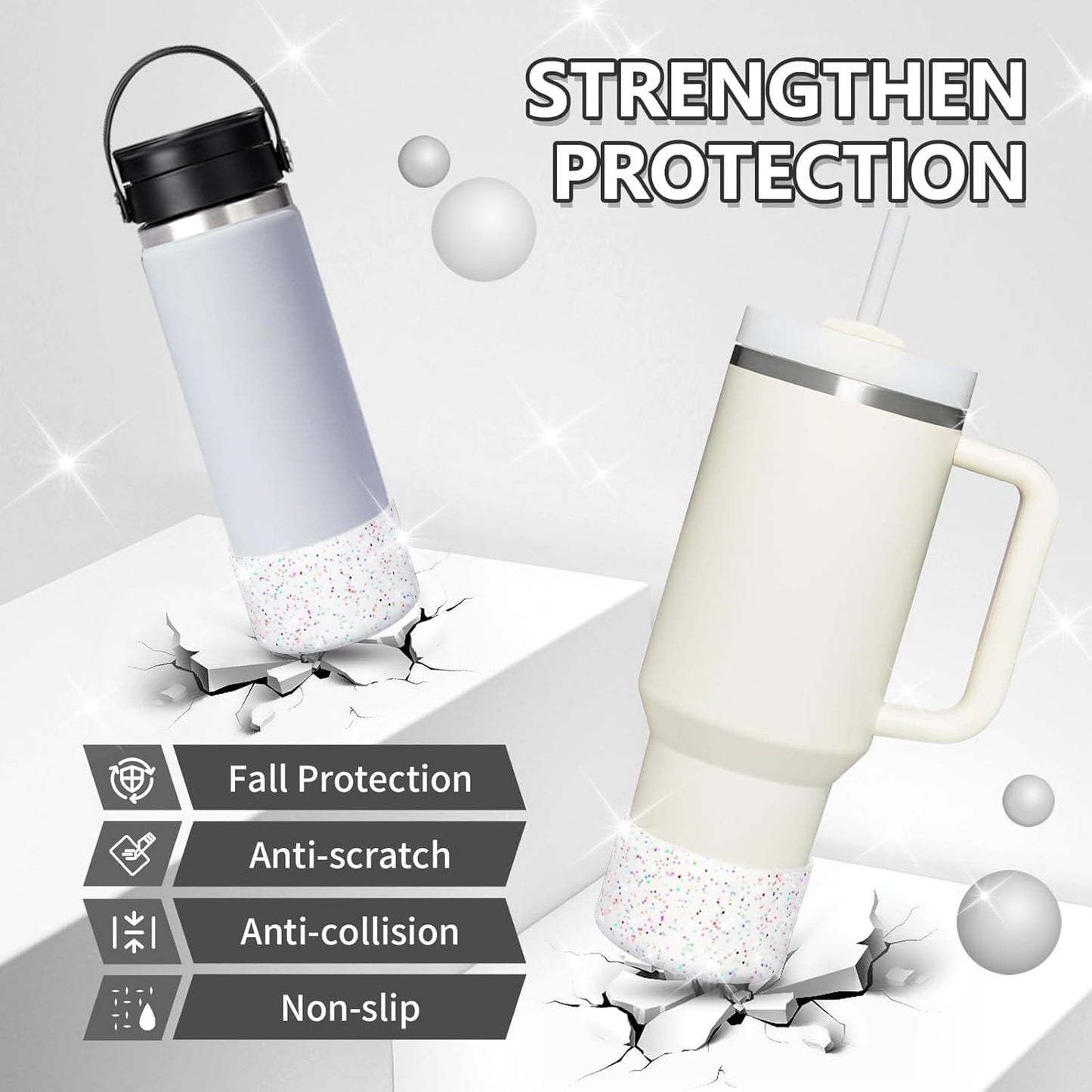 WUQID Protective Bling Silicone Boot Sleeve, Compatible with Stanley Tumbler 20-40oz & Hydro Flask Bottle 12oz-24oz, Glitter Reduces Dents Sleeve Cover for More Bottles/Tumblers Bottom of 2.83-2.95in