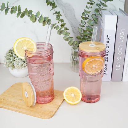 ANOTION Bamboo Mason Leakproof Mason Jar Cups with Lids and Straws, Cap Cup 24oz Glass Tumbler with Handle, Rotating Lid Silicone Straw, Reusable Iced Coffee Matcha Cup Coffee Gifts for Women 2pc