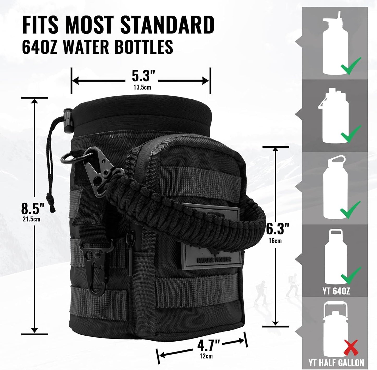 NATURE PIONEOR 32 64 128oz Tactical Water Bottle Pouch, Multi-Function Tactical Water Bottle Bag with Adjustable Shoulder Strap, Half/One Gallon Molle Strap Carrier Holder