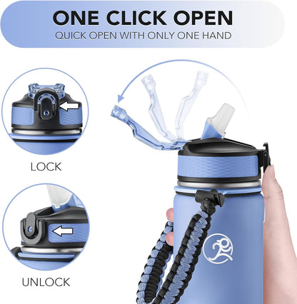 GOSWAG Insulated Sports Water Bottle, 24oz 2 Lids(with Straw/No Straw), Stainless Steel Water Bottles with Paracord Handle, Insulated Bottle with Double-Wall Vacuum Insulation