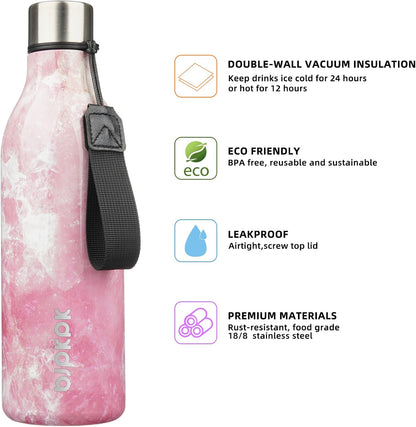 BJPKPK Insulated Water Bottles, 18 oz Stainless Steel Metal Water Bottle with Strap, BPA Free Leak Proof Jugs, Mugs, Flasks, Reusable Thermal Flasks for Sports & Travel, Black - Colors A