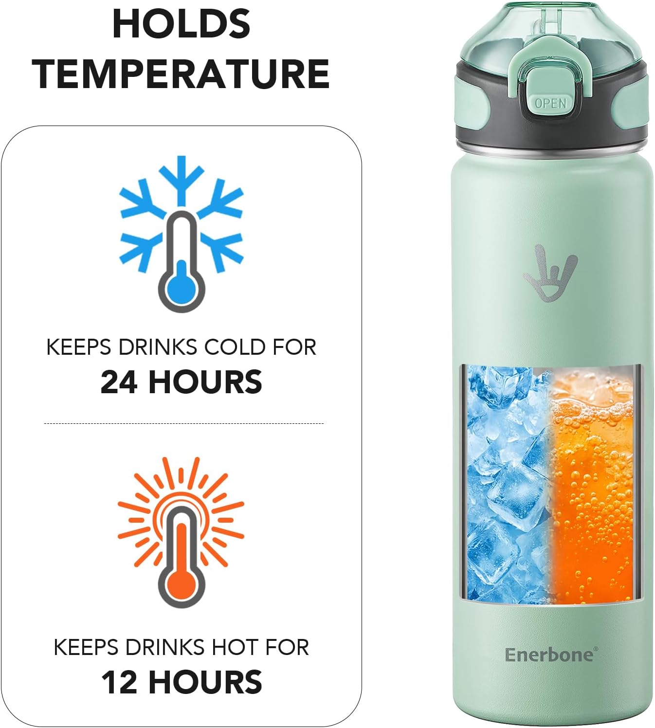 Enerbone 24 oz Insulated Water Bottle, Stainless Steel Bottle with Carrying Strap, Double-Wall Vacuum Insulation Design, Leakproof Sports Bottle with Straw, Keep Drinks Cold or Hot for Hours