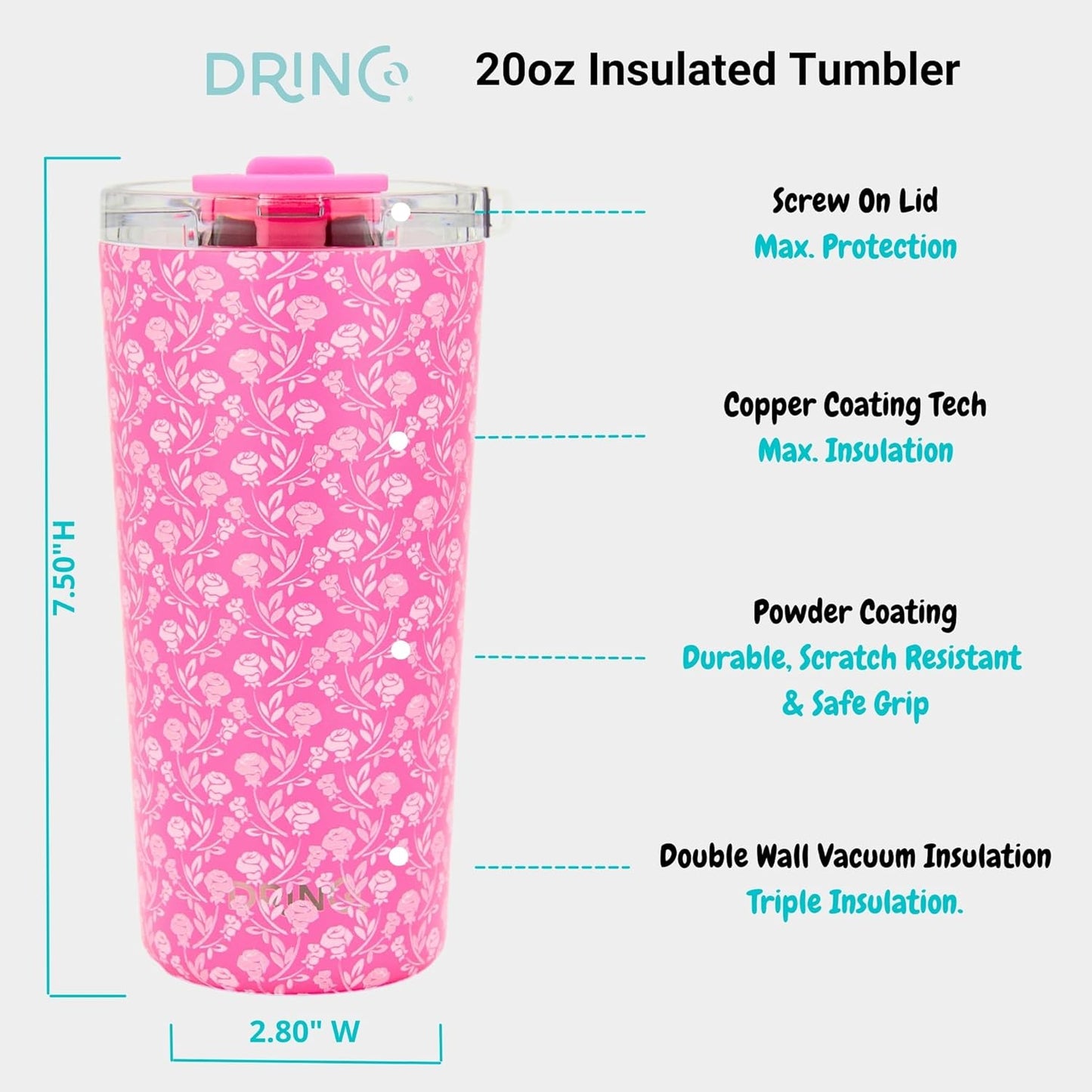 Drinco - 20 oz Stainless Steel Tumbler | Double Walled Vacuum Insulated Mug With Lid, 2 Straws, For Hot & Cold Drinks (20oz Dragonfly)