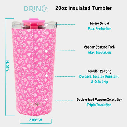 Drinco - 20 oz Stainless Steel Tumbler | Double Walled Vacuum Insulated Mug With Lid, 2 Straws, For Hot & Cold Drinks (20oz Dragonfly)