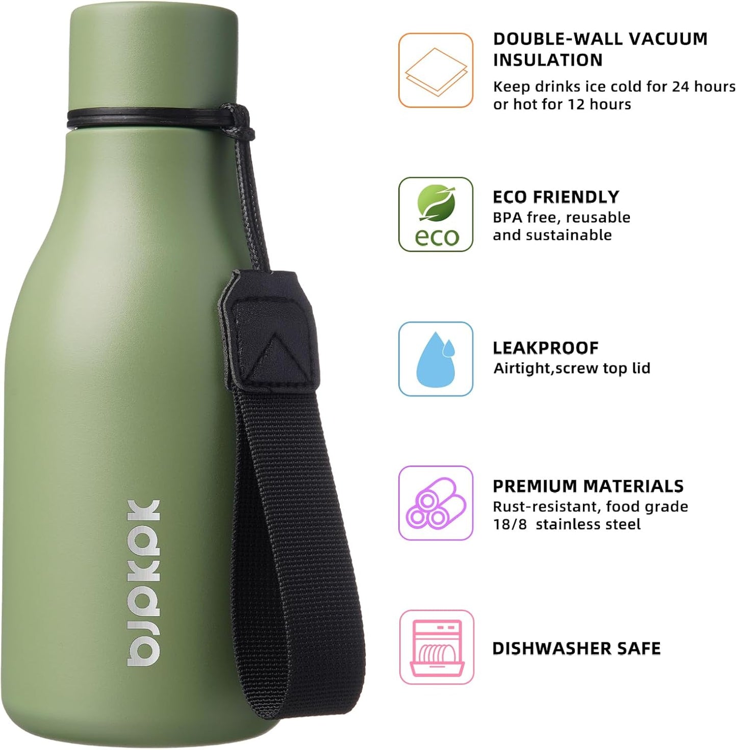 BJPKPK Insulated Water Bottles, 18 oz Stainless Steel Metal Water Bottle with Strap, BPA Free Leak Proof Jugs, Mugs, Flasks, Reusable Thermal Flasks for Sports & Travel, Black - Colors A