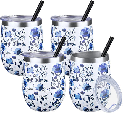 12 oz Insulated Wine Tumbler with Lid and Straw,Stainless Steel Stemless Wine Tumbler Glasses Double Wall Vacuum Wine Cups Tumbler for Coffee,Champaign,Cocktail,Office（Silver,1）