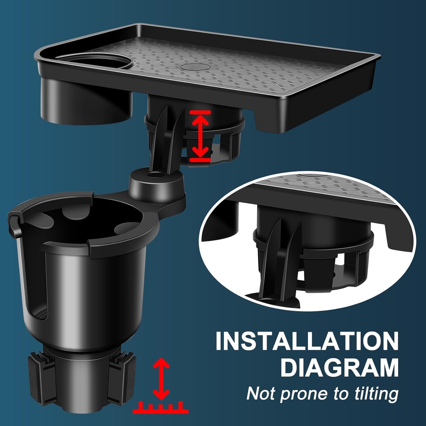 JPart Car Cup Holder Tray, Cup Holder Expander, 2 in 1 Detachable Car Food Tray with 360°Rotation Tray for Eating, Storage and Travel Road Essentials, Black