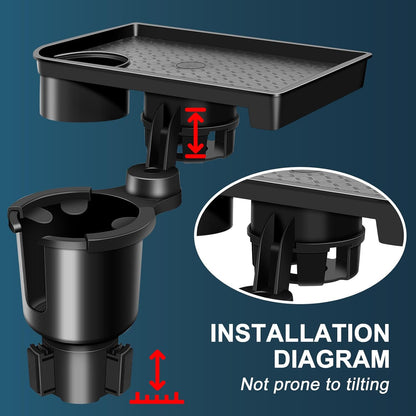 JPart Car Cup Holder Tray, Cup Holder Expander, 2 in 1 Detachable Car Food Tray with 360°Rotation Tray for Eating, Storage and Travel Road Essentials, Black