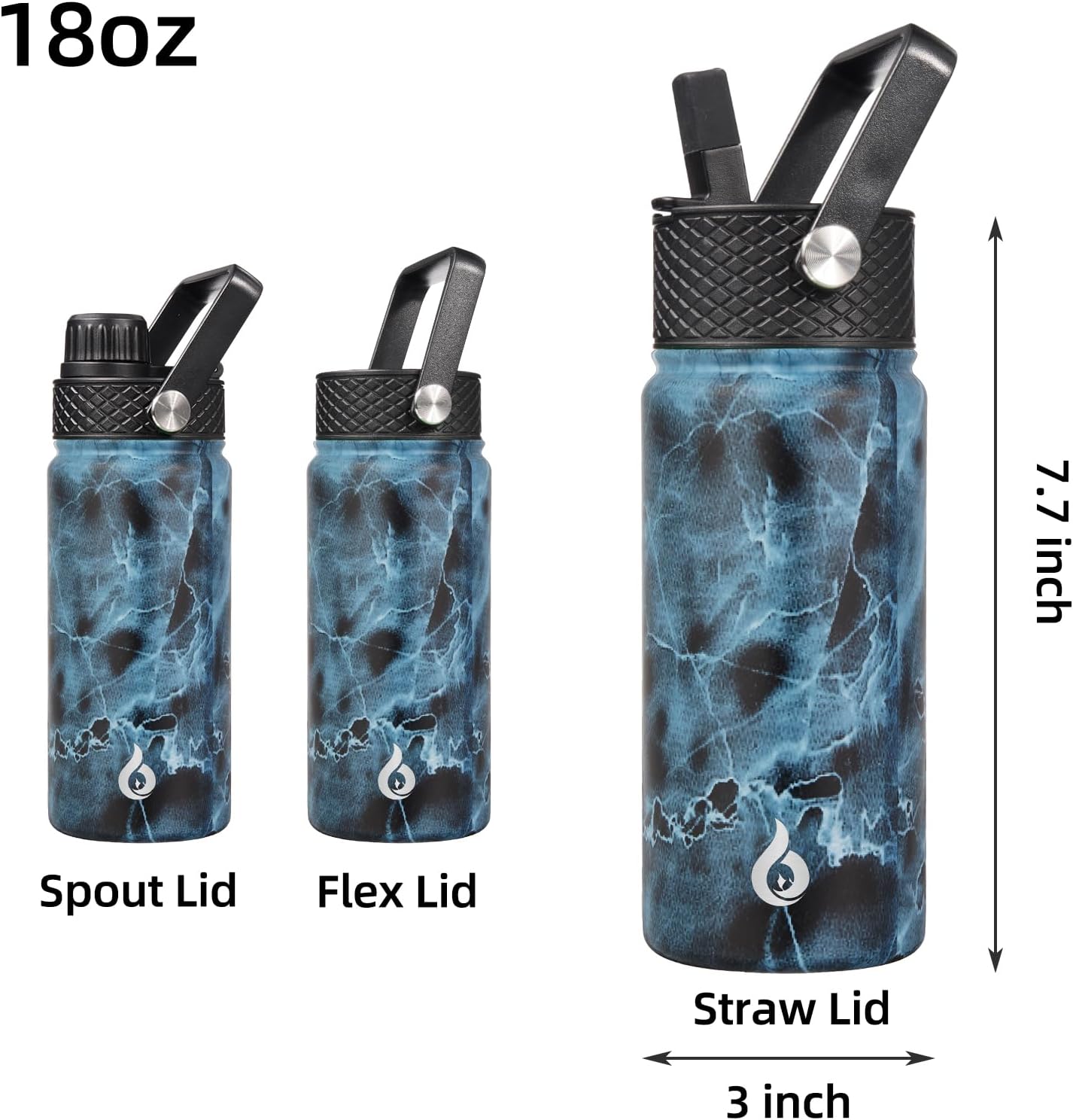 BJPKPK Insulated Water Bottles with Straw Lid, 40oz Stainless Steel Water Bottles with 3 Lids, BPA Free Leakproof Thermo, Tumblers, Cups for Sports, Gym- Midnight - Colors B