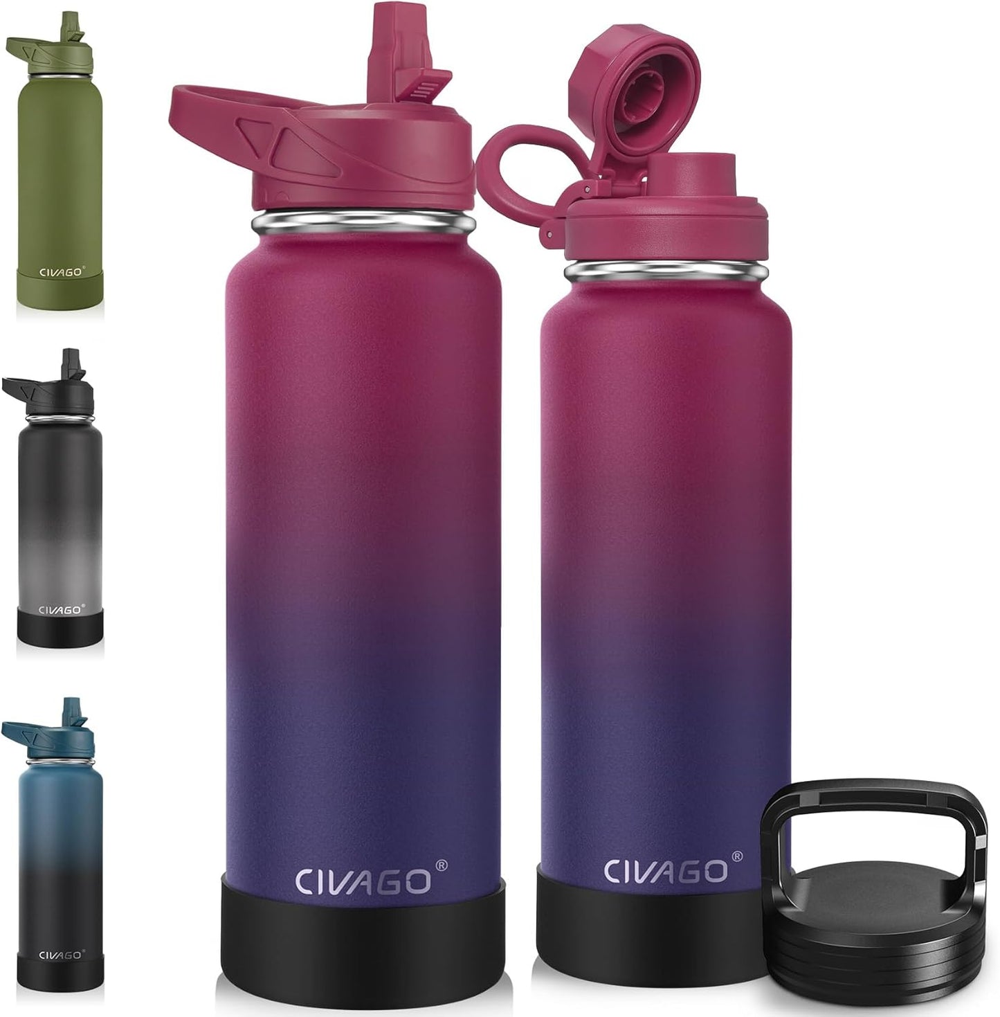 CIVAGO 32 oz Insulated Water Bottle With Straw, Stainless Steel Sports Water Cup Flask with 3 Lids (Straw, Spout and Handle Lid), Wide Mouth Travel Thermal Mug, Black
