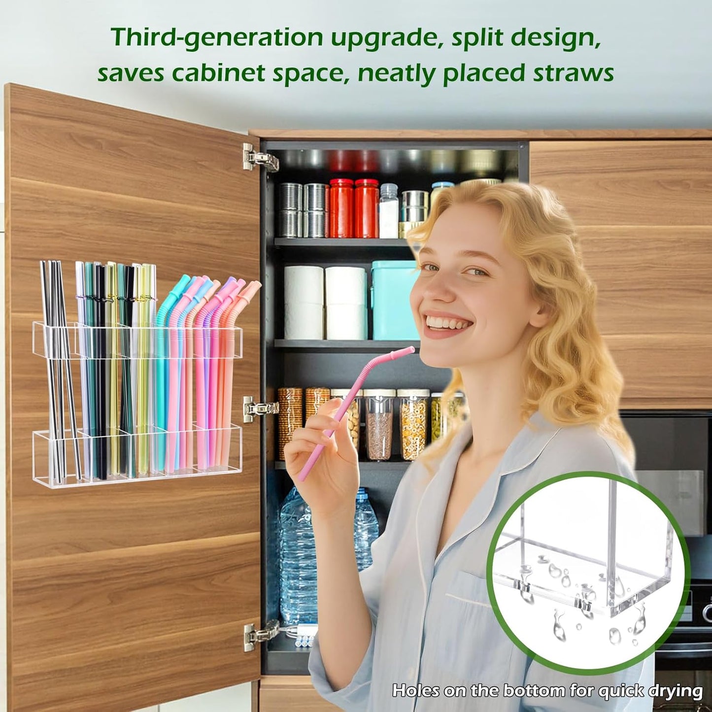 9.5” Large Acrylic Straw Holder for Cabinet Door - Ultra Sticky Adhesive Squares, Reusable Adjustable Organizer for Straws, Fits Kitchen Counter, Cupboard, Storage Dispenser（Transparent） (1 PACK)