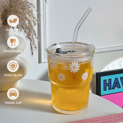 Olvini 13oz Glass Tumbler with Straw and Lid, Reusable Iced Coffee Cup Tumbler, Cute Glass Cups for Water, Matcha, Travel Coffee Mugs (Daisy)