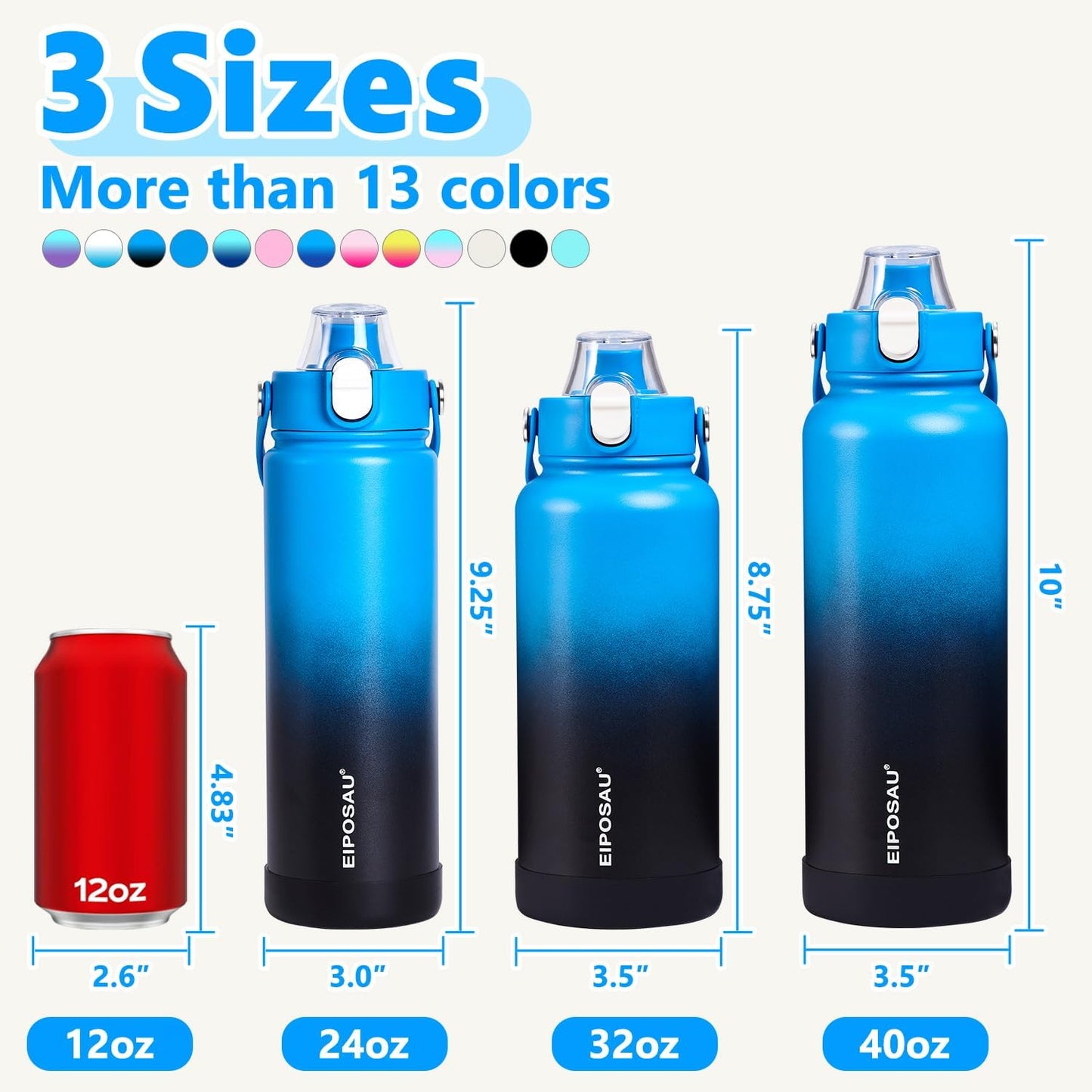 Insulated Water Bottle with Lid & Boot & Stickers, 24 oz Stainless Steel Sweat Free Bottle Keep Cold 24H, BPA-Free Sports Wide Mouth Water Bottle, BlueBlack