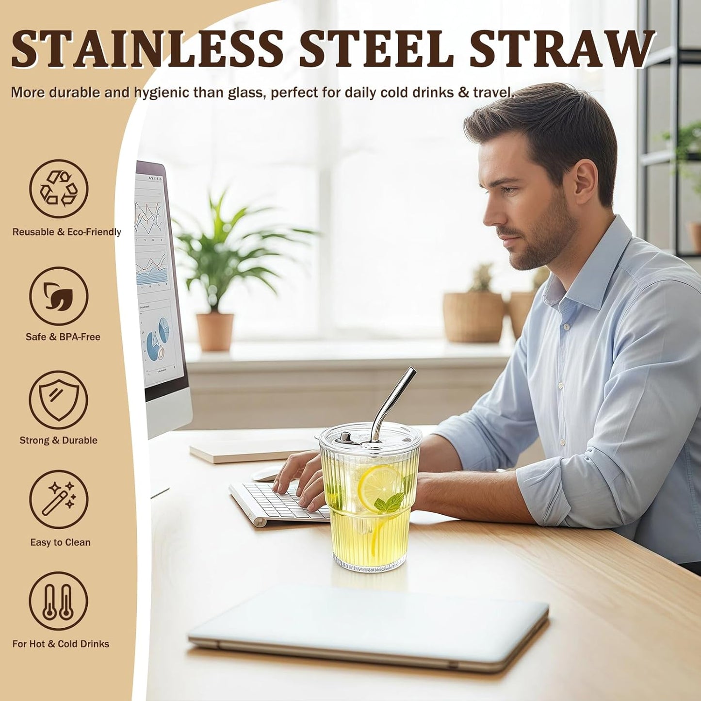 4 Packs Ribbed Glass Tumbler with Lid and Straw 13 oz Cute Ice Coffee Cup Set for Smoothie Juice Matcha Tea Latte Cappuccino Espresso Hot Coffe Water Reusable Clear Travel Boba Aesthetic Drinking Mug