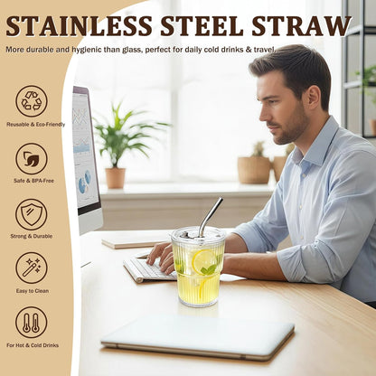 4 Packs Ribbed Glass Tumbler with Lid and Straw 13 oz Cute Ice Coffee Cup Set for Smoothie Juice Matcha Tea Latte Cappuccino Espresso Hot Coffe Water Reusable Clear Travel Boba Aesthetic Drinking Mug