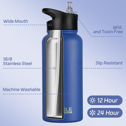 HASLE OUTFITTERS 32 oz Insulated Water Bottle Stainless Steel Double Walled Vacuum Sports Water Bottle with 2 Lids (Straw and Spout Lid) for Gym Camping Hiking(Black,1)