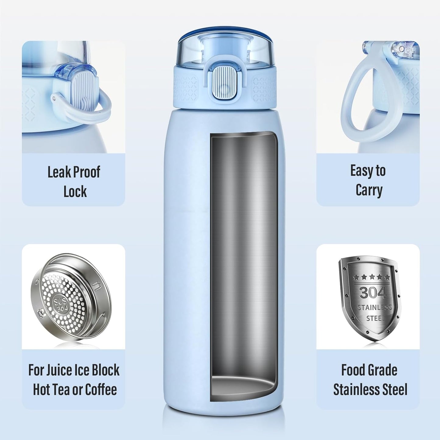 Insulated Water Bottle 24 oz with Dustproof Lid, Carry Handle & Tea Infuser, BPA-Free & Leakproof, Stainless Steel Water Bottles Ideal for Fitness, Hiking, Office & Outdoor Use (Black)