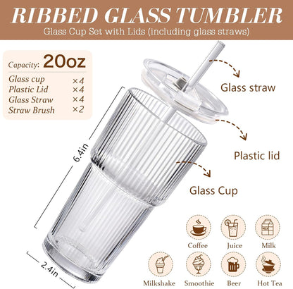 Iced Coffee Cups with Lids: Coffee Bar Accessories - Ribbed Glass Tumbler with Straw and Lid 4Pcs - 20oz Leak Proof Tumbler - Reusable Glass Cups and Tumblers with Lid and Straws for To Go Iced Coffee