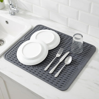 Silicone Drying Mat 16 × 12 – Gray Non-Slip Sink Mat for Kitchen Counter, Heat-Resistant Food-Grade Dish Pad, Easy-Clean Multipurpose Drawer Liner (Gray, 16'' x 12'')
