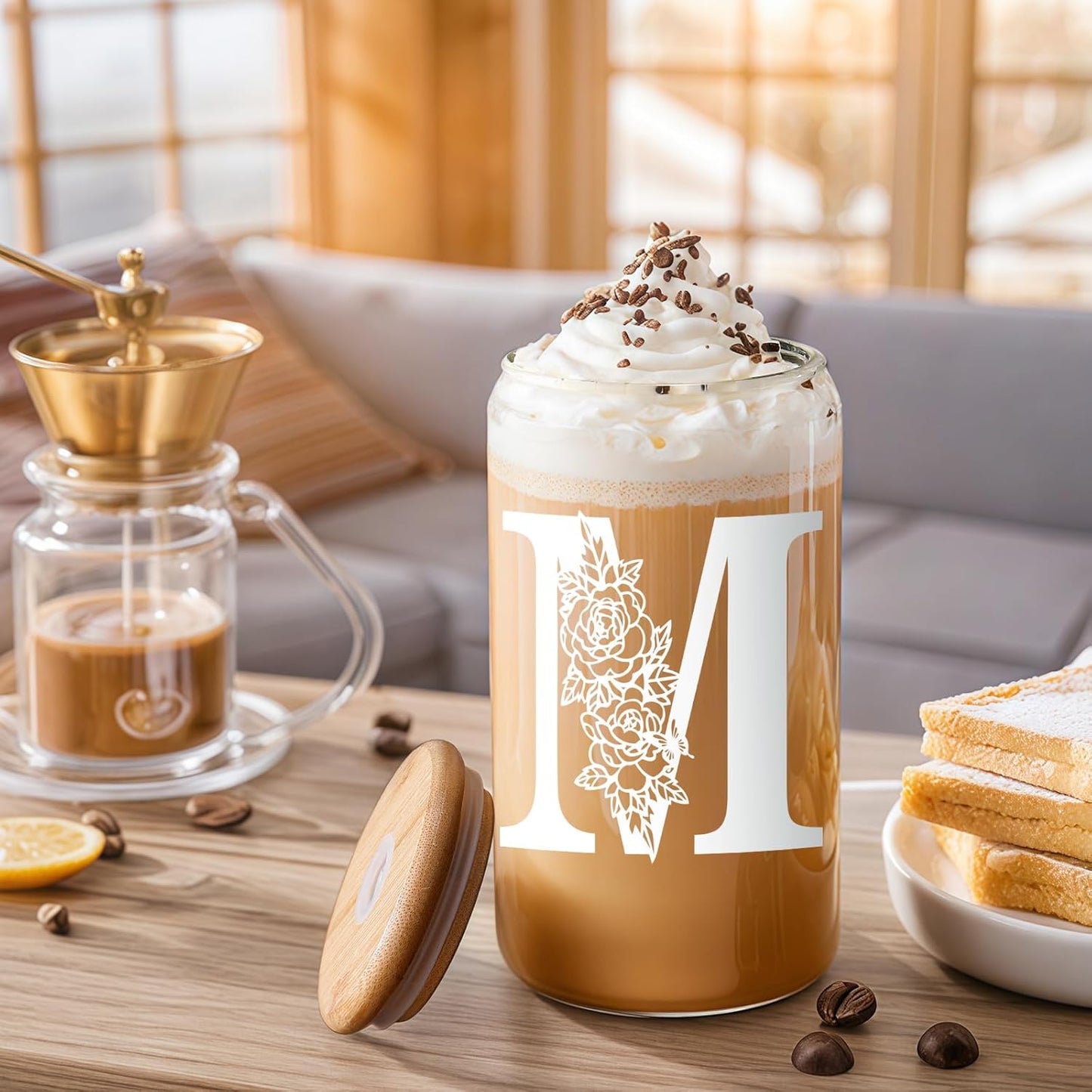 Glass Cups with Lids and Straws: Personalized Initial Glass Cup Be Used As Reusable Iced Coffee Cups with Lids,Cute Matcha Tumbler - The Christmas/Birthday Gifts for Women - M Smoothie Cup