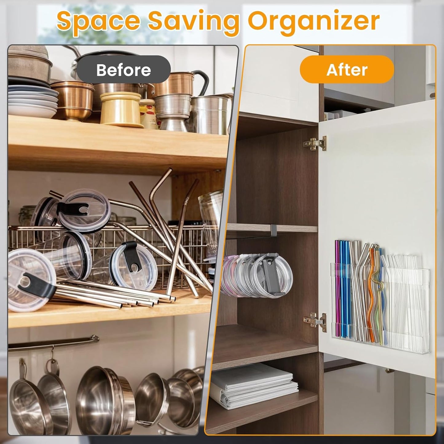 Kitchen Cabinet Straw Holder: Acrylic Organizer and Hanging Lid Rack with Adhesive for Door – Cup Tumbler Accessories Storage Set