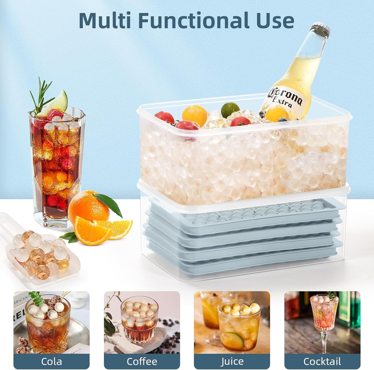 WIBIMEN Mini Ice Cube Trays, 0.55” Tiny Pebble Ice for Iced Coffee & Cocktails, Fast Chill, Easy Twist Release, Stackable with Lid & Storage Bin (4 Pack, Blue)