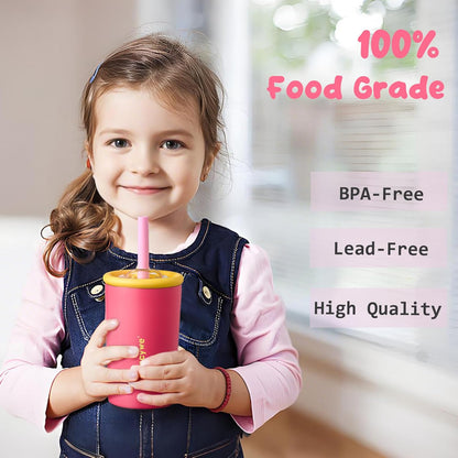 Gencywe 2 PACK Kids Double Walled Stainless Steel Cups with Straws and lids | 12 oz Spill-Proof Sippy Smoothie Tumbler Set, Small Kids Snack & Drink Water Cups, BPA-Free (Age: 3+ years old & up)
