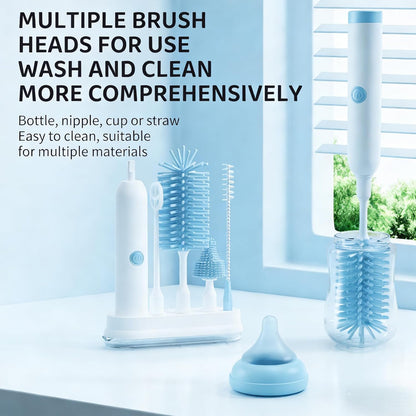 Rechargeable Electric Bottle Brush with Stand - 360° Spin Silicone Cleaner for Baby Bottles, Breast Pumps & Small Household Containers (Sea Blue)
