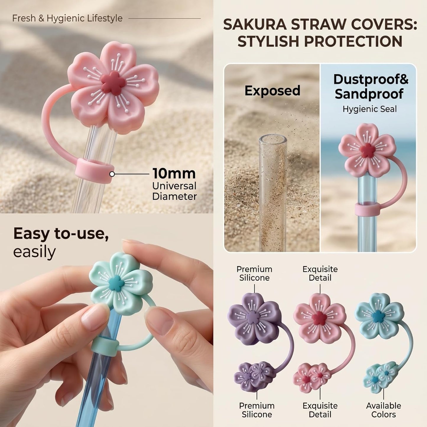 BTYHAOS Silicone Straw Caps for 10mm Tumblers | Reusable Dust-Proof Straw Toppers Compatible with Stanley 30oz & 40oz Tumblers (Purple Flower 3pc)