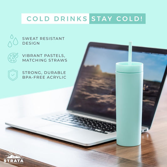 STRATA CUPS Perwinkle Skinny Tumblers with Lids and Straws (4 pack), 16oz Matte Pastel Colored Acrylic Tumblers with Lids and Straws, Double Wall Skinny Tumbler Bulk, Reusable Cup with Straw Cleaner