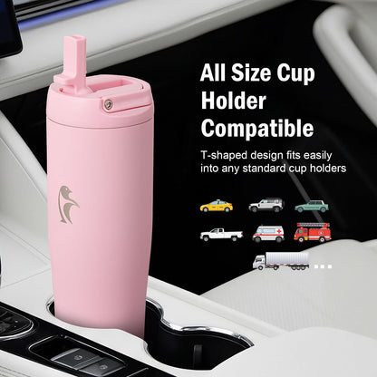 Coolflask Water Bottle 40 oz Fits Car Cup Holder, Slim Tumbler Stainless Steel with Straw & Handle, Vacuum Flask Leakproof Wide Mouth for Travel Sports Gym, Black