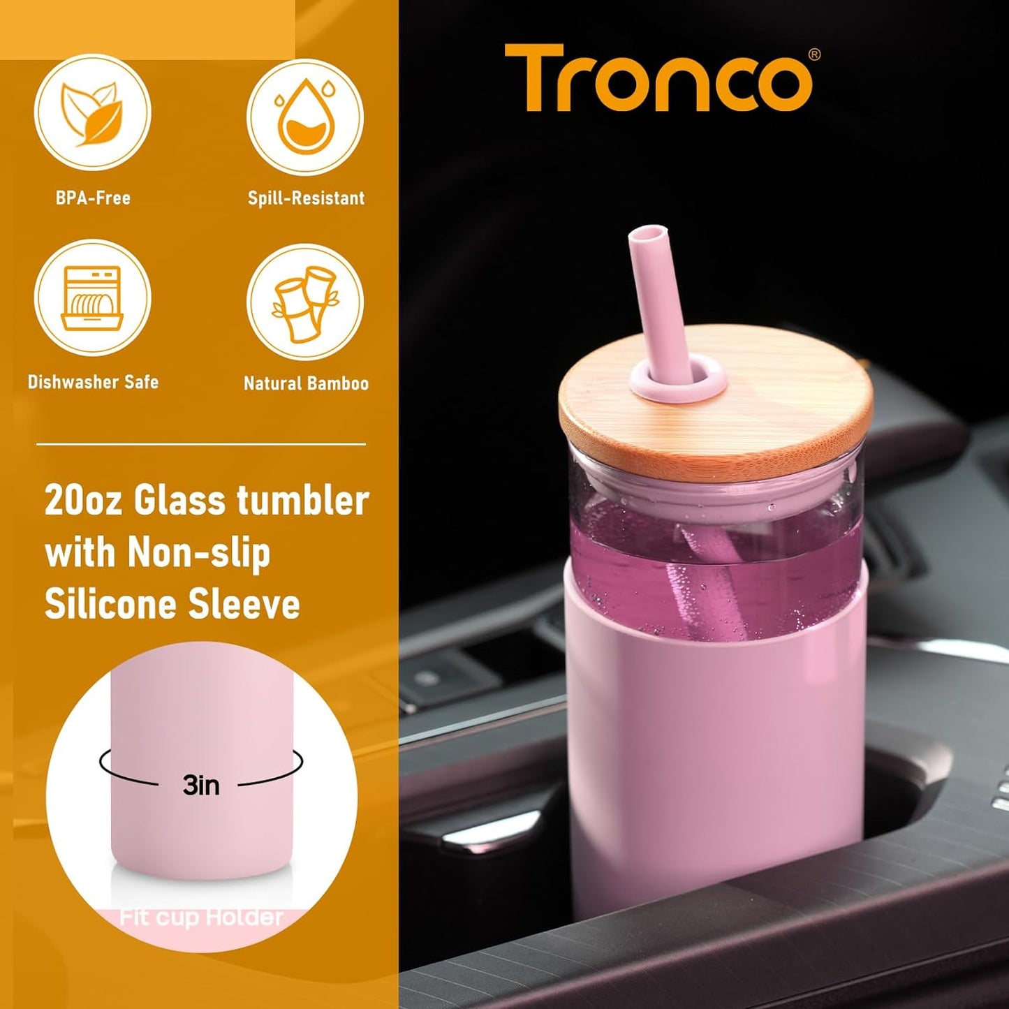 Tronco 20 oz Glass Tumbler with Lid and Straw, Iced Coffee Cup and Smoothie Cup with Bamboo Lids & Protective Silicone Sleeve, Dishwasher Safe, BPA-Free, Glass Cup 1 Pack - Colors A