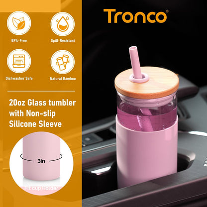 Tronco 20 oz Glass Tumbler with Lid and Straw, Iced Coffee Cup and Smoothie Cup with Bamboo Lids & Protective Silicone Sleeve, Dishwasher Safe, BPA-Free, Glass Cup 1 Pack - Colors A