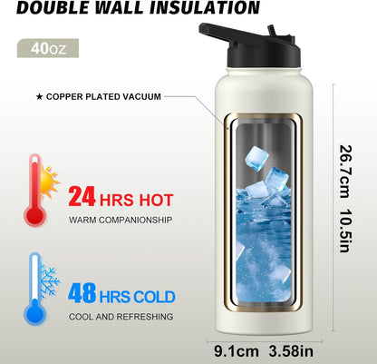 40oz Insulated Water Bottle (Cold for 48 Hrs),BPA Free&Leak Proof,Stainless Steel Water Flask,Water Jug with Straw Spout Lids for Gym,Hiking,Travel,Black Blue