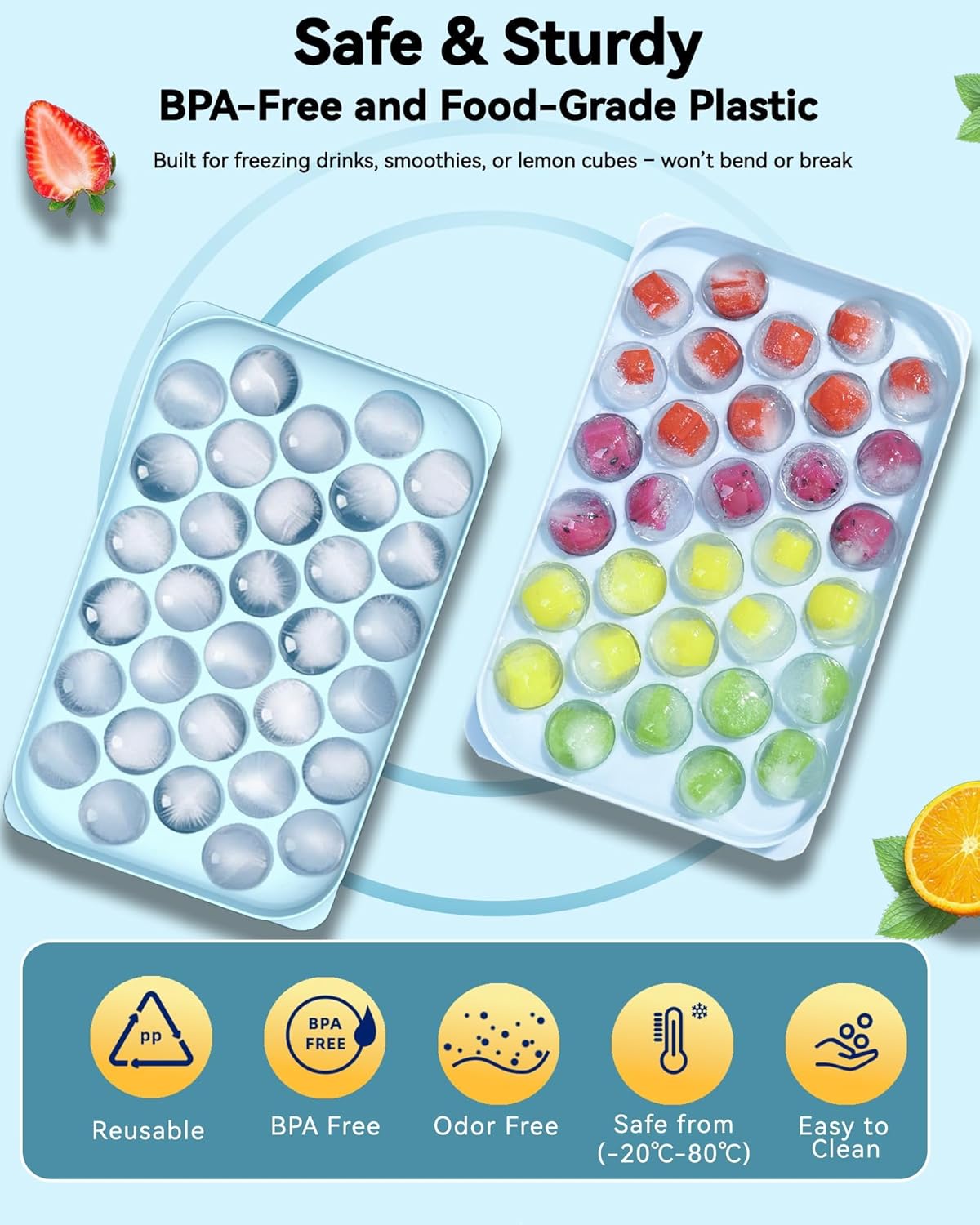 Ice Cube Trays with Lid and Bin, BPA-Free Mini 0.8 Inch Sphere Ice Molds, 2-Pack Small Round Ice Ball Trays, Easy Release, Includes Scoop & Ice Storage Box for Cocktails, Coffee