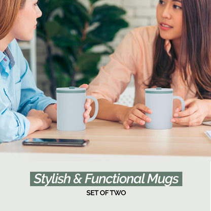 Copco Iconic 16oz Double Wall Insulated Desk Mug with Lid & Handle, Set of 2, BPA-Free Reusable Plastic, Spill-Resistant, Microwave & Dishwasher Safe, Wide Mouth (Grey)