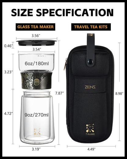 ZENS Modern Glass Infuser Teapot, One Touch Tea Maker for Loose Leaf Tea with Insulated Mug and Portable Case. Enchanted Pot Alternatives for Tea Lover Gifts
