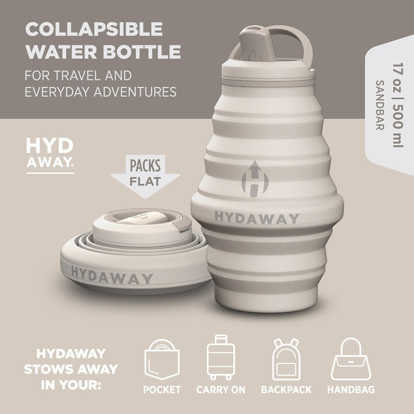 HYDAWAY 17oz Travel Collapsible Water Bottle - BPA-Free, Leakproof, Lightweight, Space-Saving