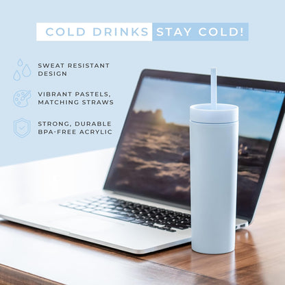 STRATA CUPS Perwinkle Skinny Tumblers with Lids and Straws (4 pack), 16oz Matte Pastel Colored Acrylic Tumblers with Lids and Straws, Double Wall Skinny Tumbler Bulk, Reusable Cup with Straw Cleaner