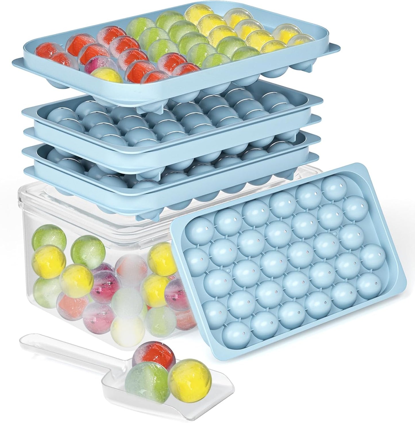 Ice Cube Trays with Lid and Bin, BPA-Free Mini 0.8 Inch Sphere Ice Molds, 2-Pack Small Round Ice Ball Trays, Easy Release, Includes Scoop & Ice Storage Box for Cocktails, Coffee