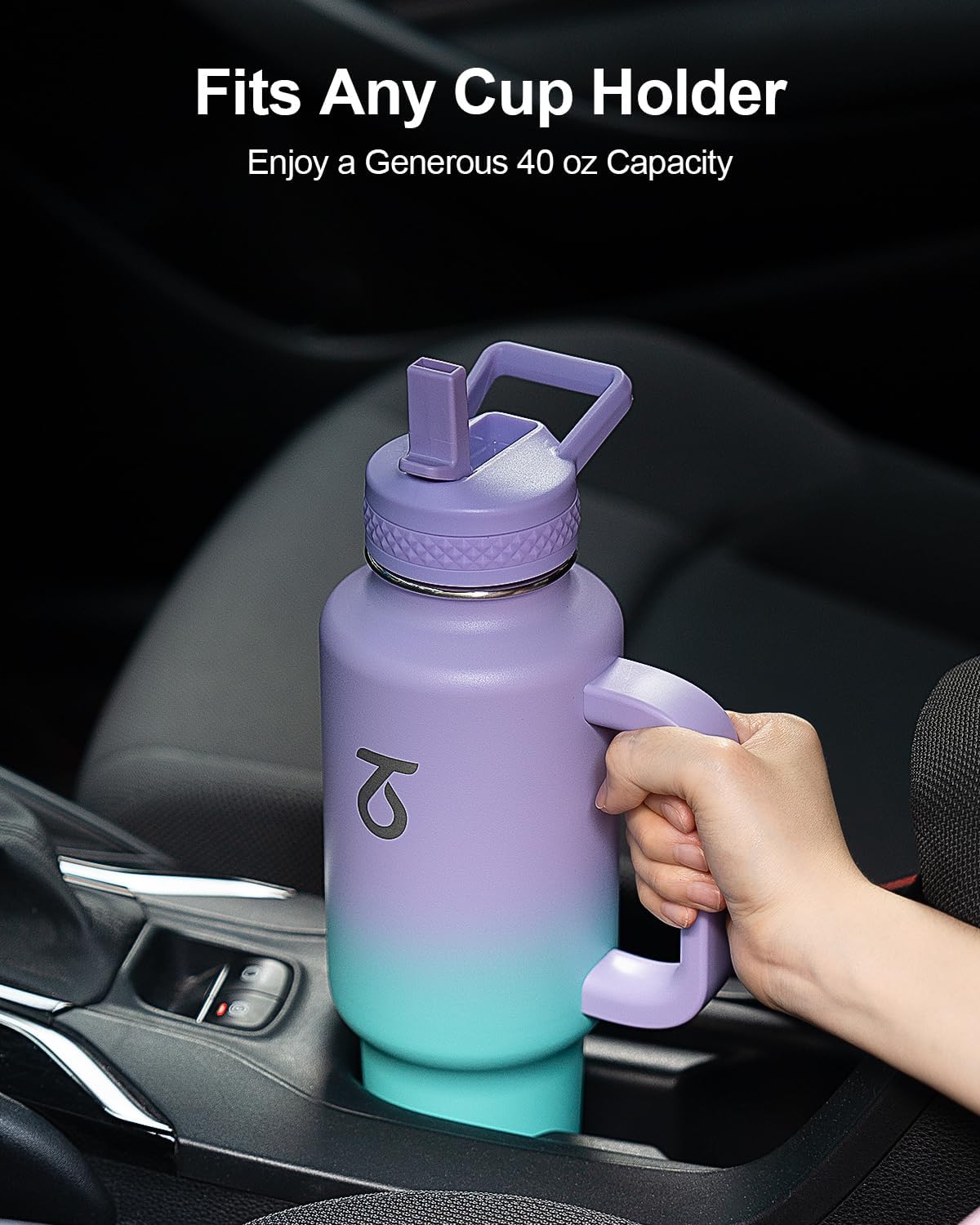 Trebo 40 oz Water Bottle Insulated Fit Car Cup Holder with Handle, Stainless Steel Water Bottles Tumbler with Spout Straw Lids, Double Wall Travel Reusable Flask, Leakproof Mug,Keep Cold &Hot,Black